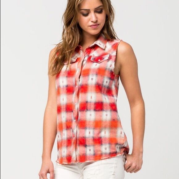 WHITE Crow sleeveless plaid snap up with frayed hem size medium very good cond - Picture 7 of 7